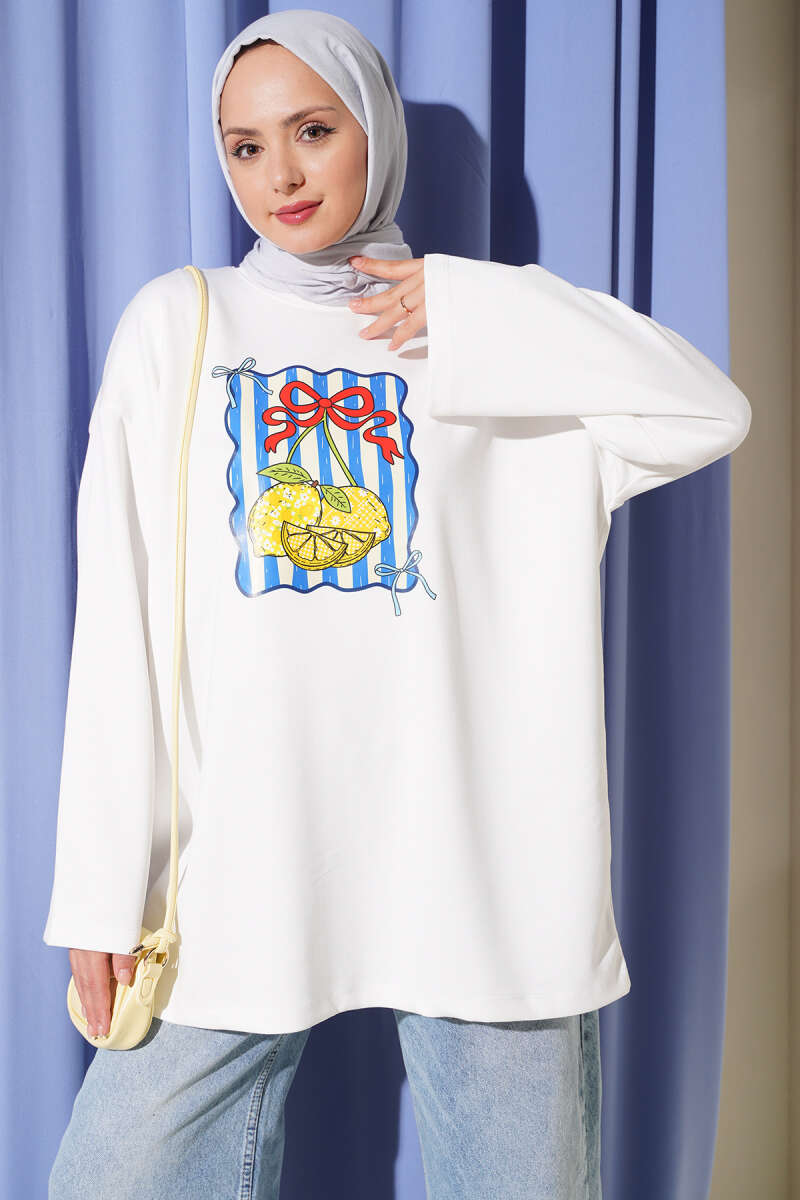 Lemon Print Crew-Neck Tunic - Ecru