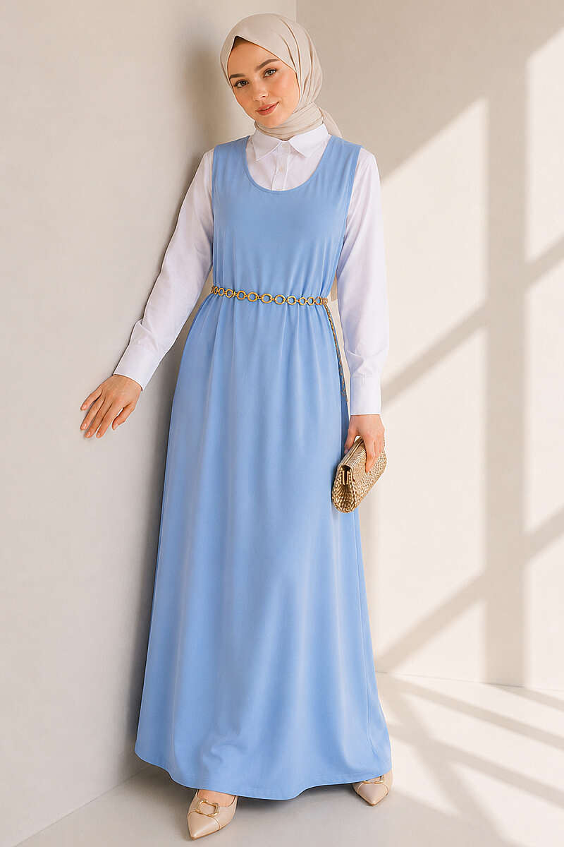 Crew-Neck Jersey Pinafore Dress - Light Blue
