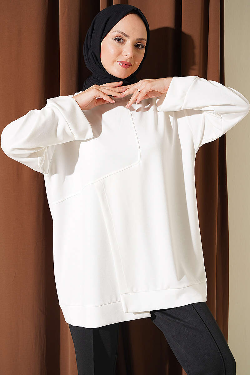Crew-Neck Jersey Tunic with Slits - White