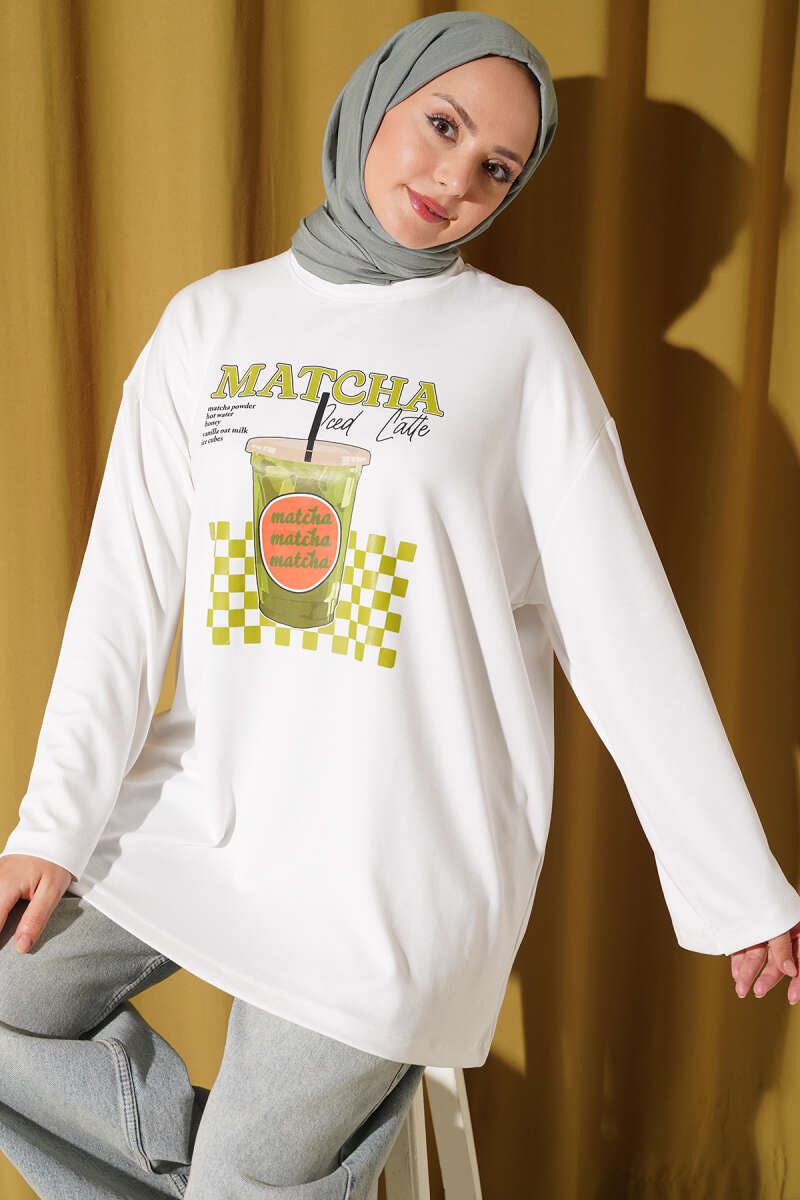 Matcha Print Crew-Neck Tunic - Ecru