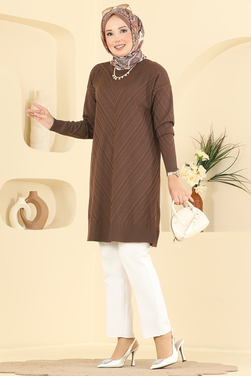 Crew-Neck Mercerised Knit Tunic - Light Brown