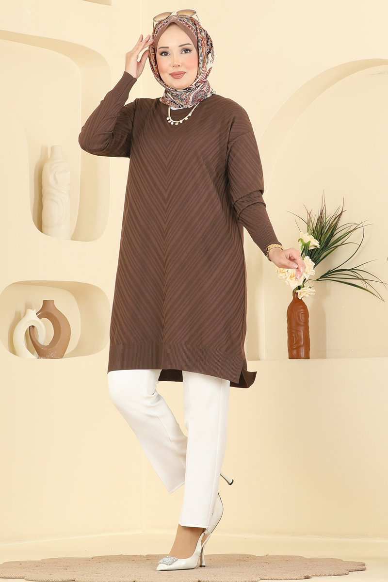 Crew-Neck Mercerised Knit Tunic - Light Brown
