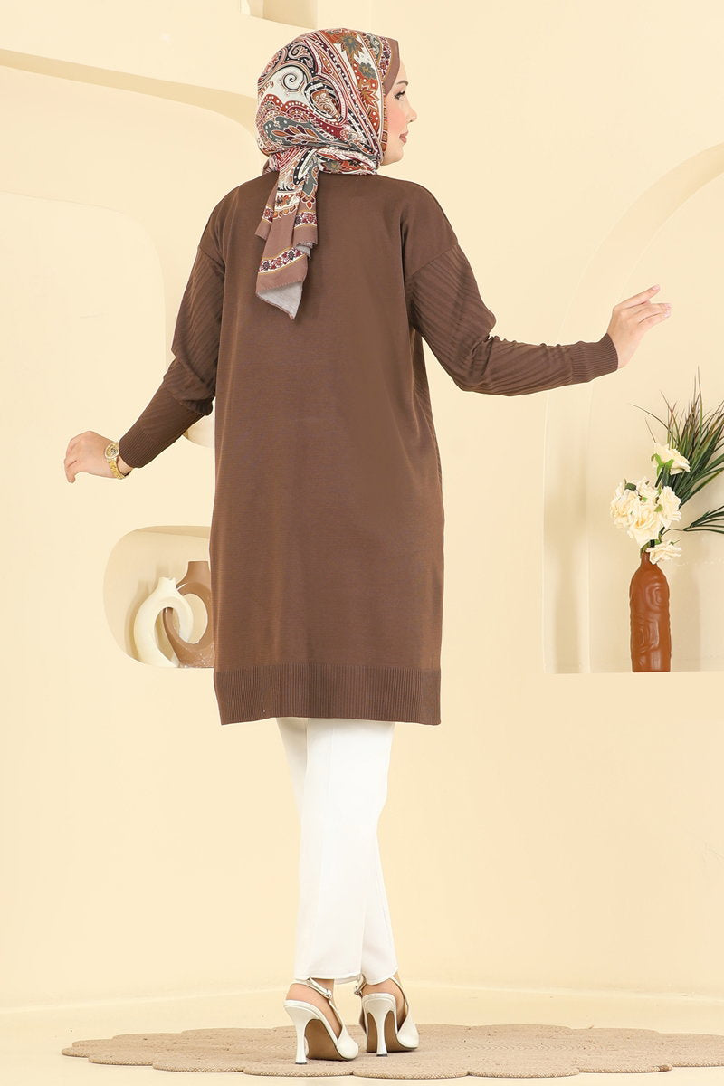 Crew-Neck Mercerised Knit Tunic - Light Brown
