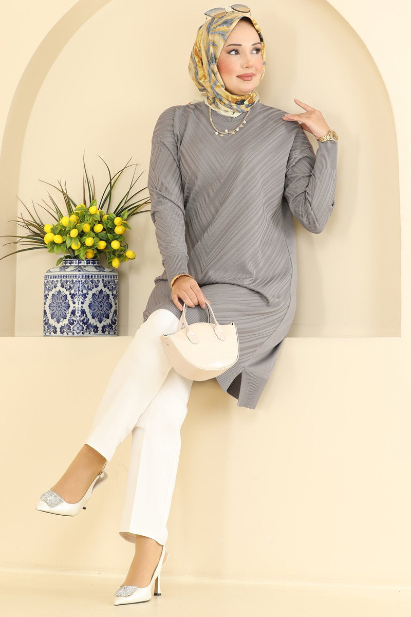 Crew-Neck Mercerised Knit Tunic - Grey