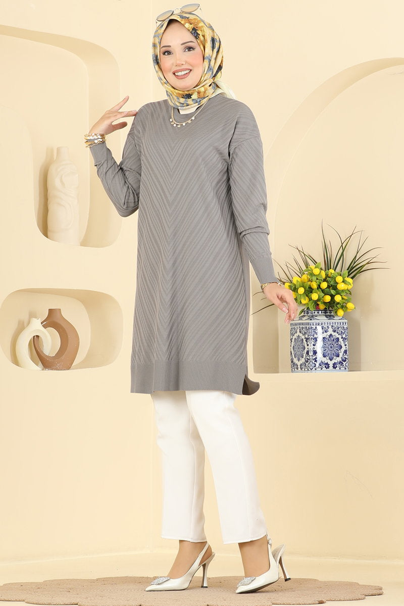 Crew-Neck Mercerised Knit Tunic - Grey