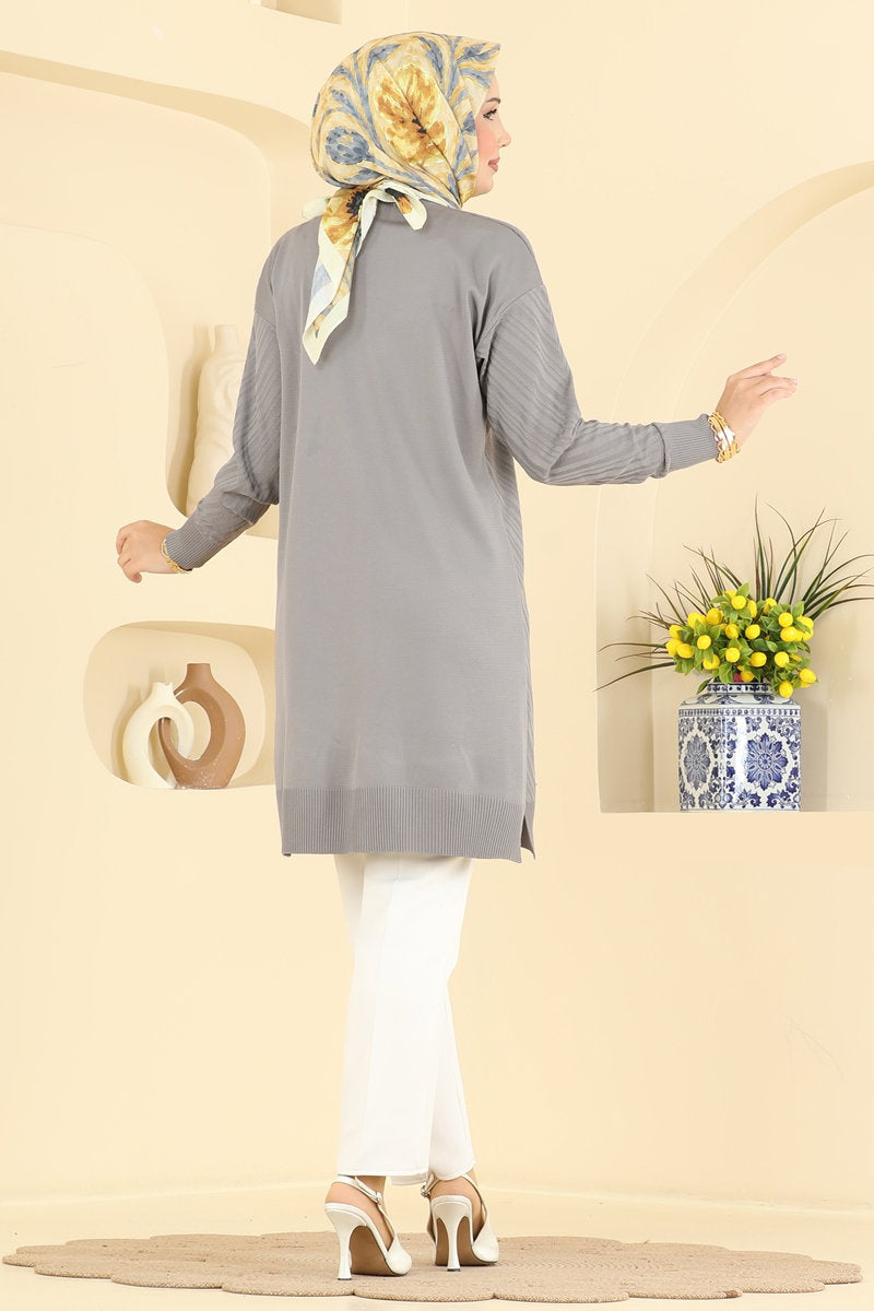 Crew-Neck Mercerised Knit Tunic - Grey