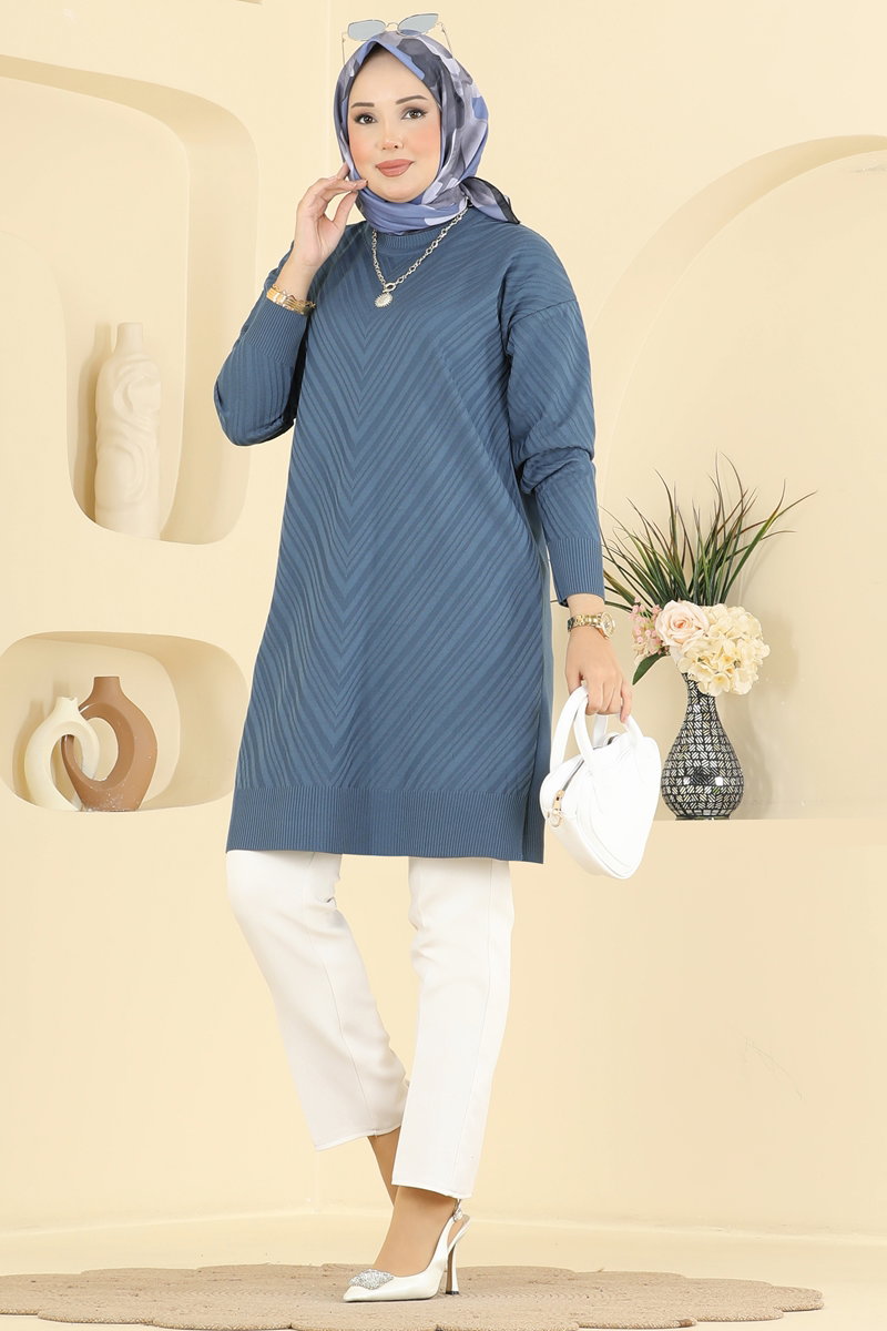 Crew-Neck Mercerised Knit Tunic - Indigo