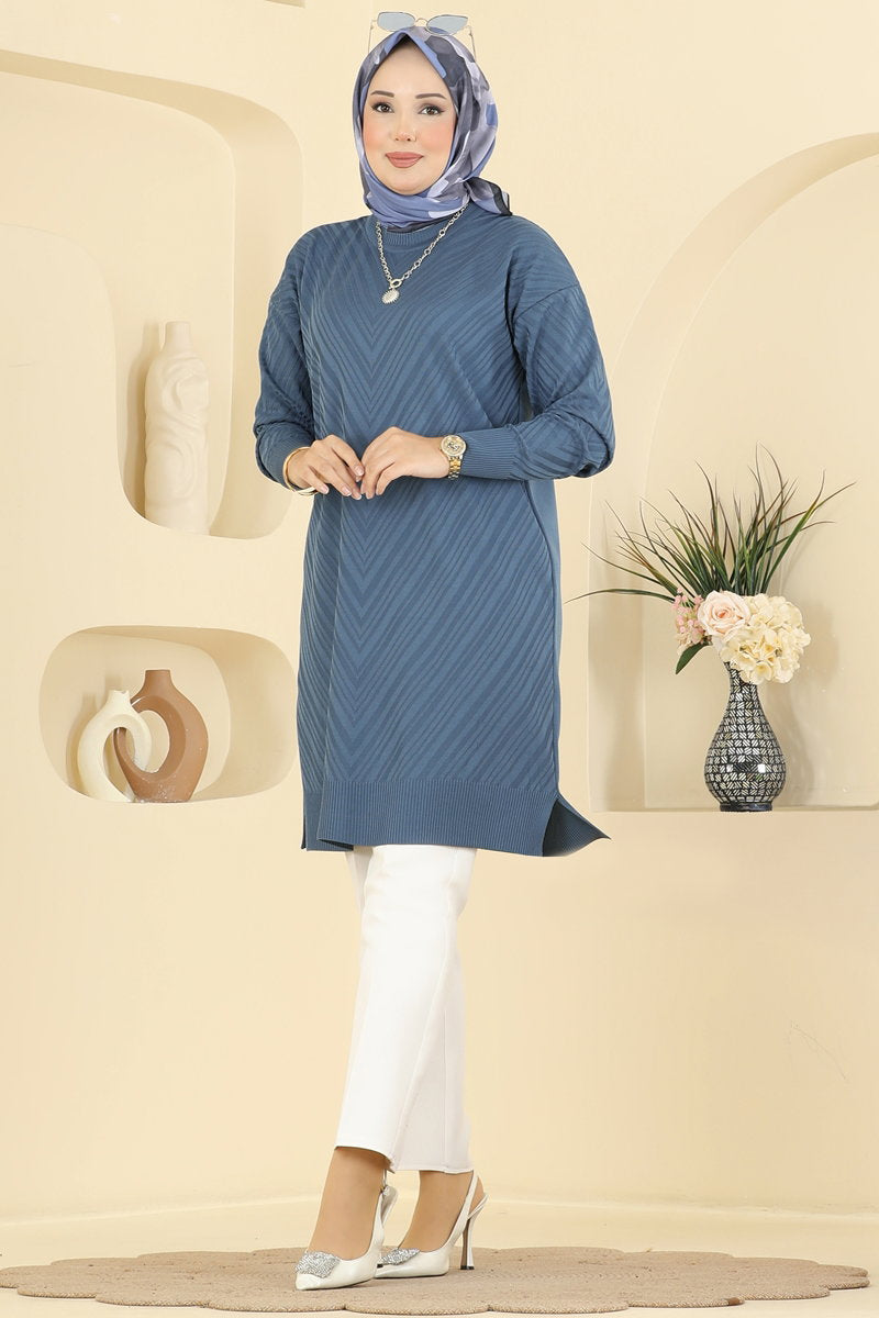 Crew-Neck Mercerised Knit Tunic - Indigo
