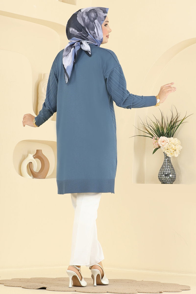 Crew-Neck Mercerised Knit Tunic - Indigo