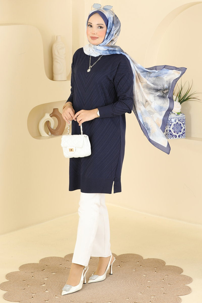 Crew-Neck Mercerised Knit Tunic - Navy
