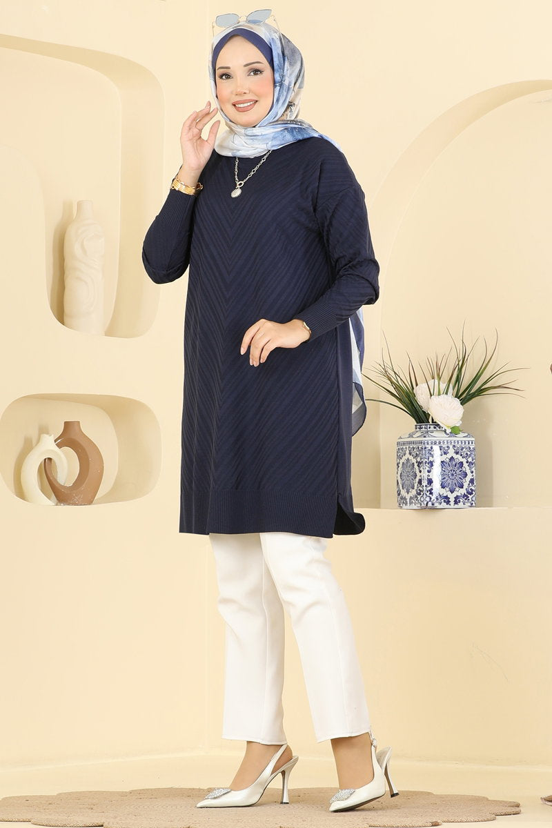Crew-Neck Mercerised Knit Tunic - Navy