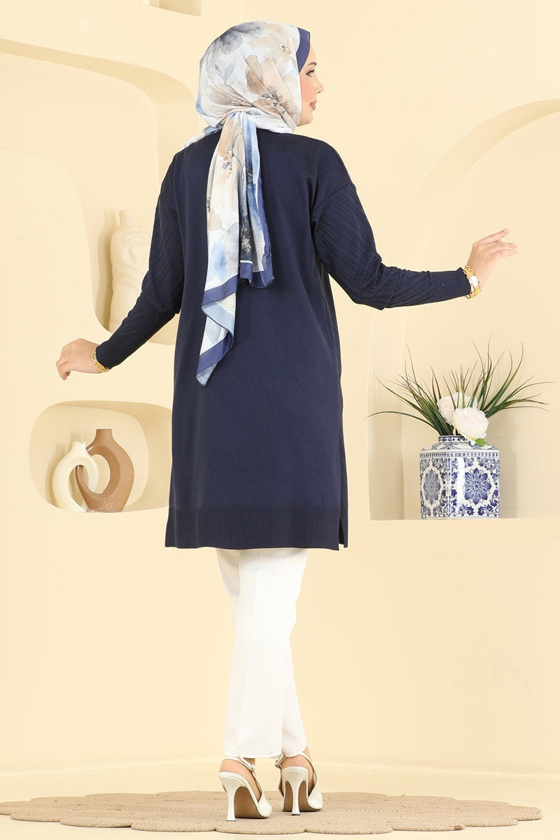 Crew-Neck Mercerised Knit Tunic - Navy