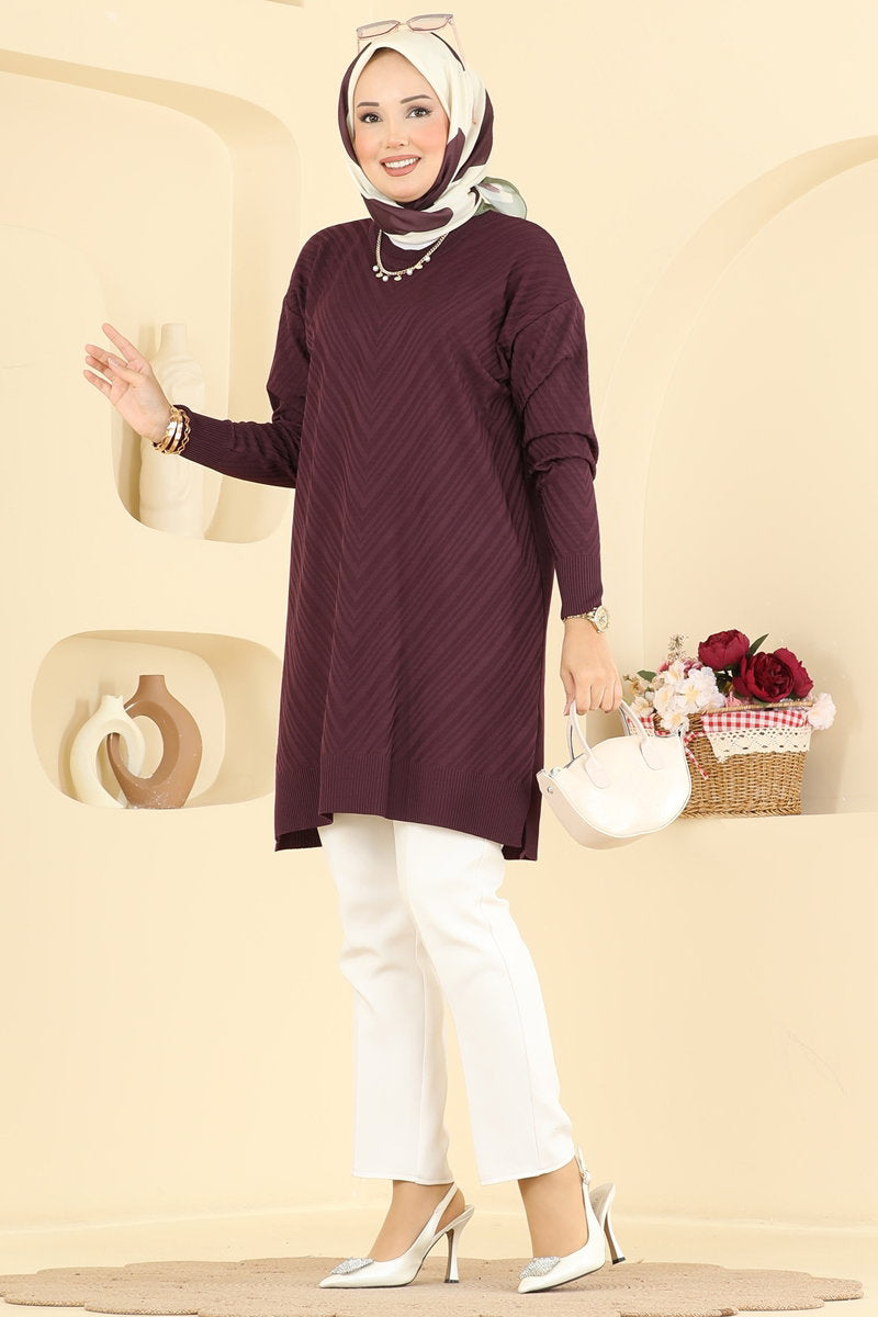 Crew-Neck Mercerised Knit Tunic - Plum