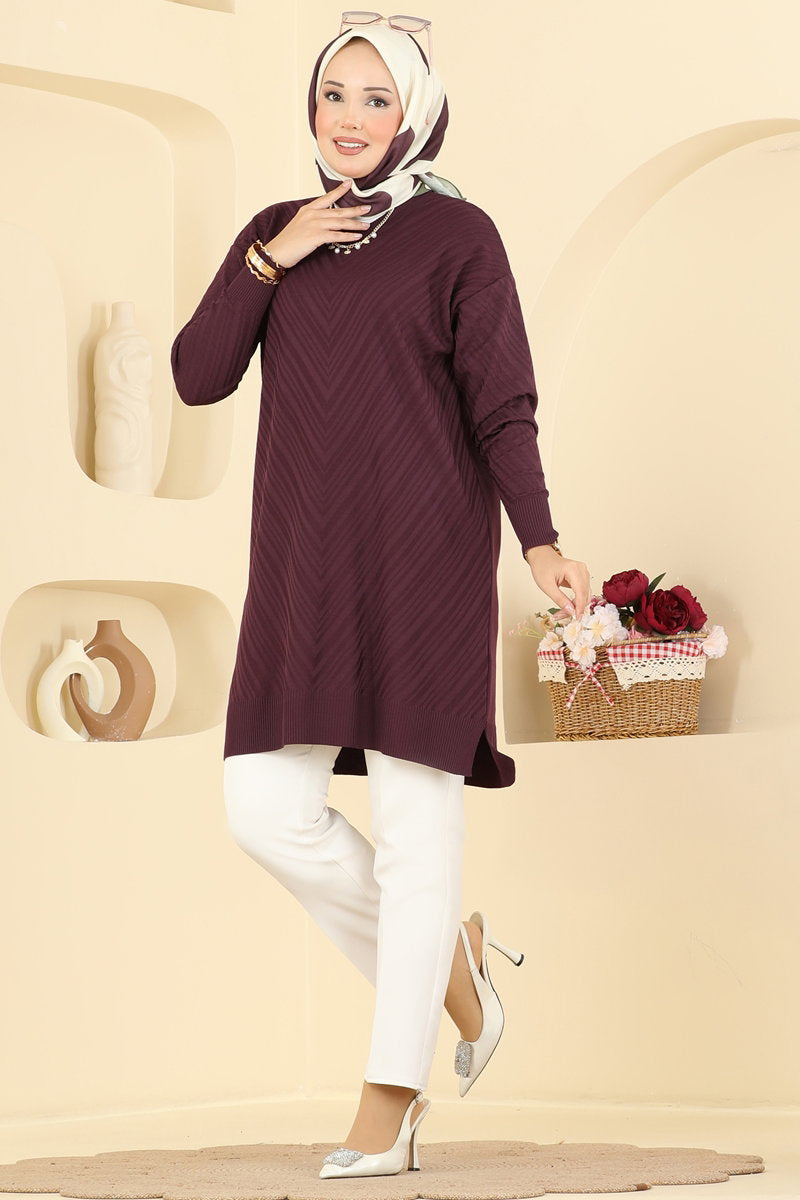 Crew-Neck Mercerised Knit Tunic - Plum