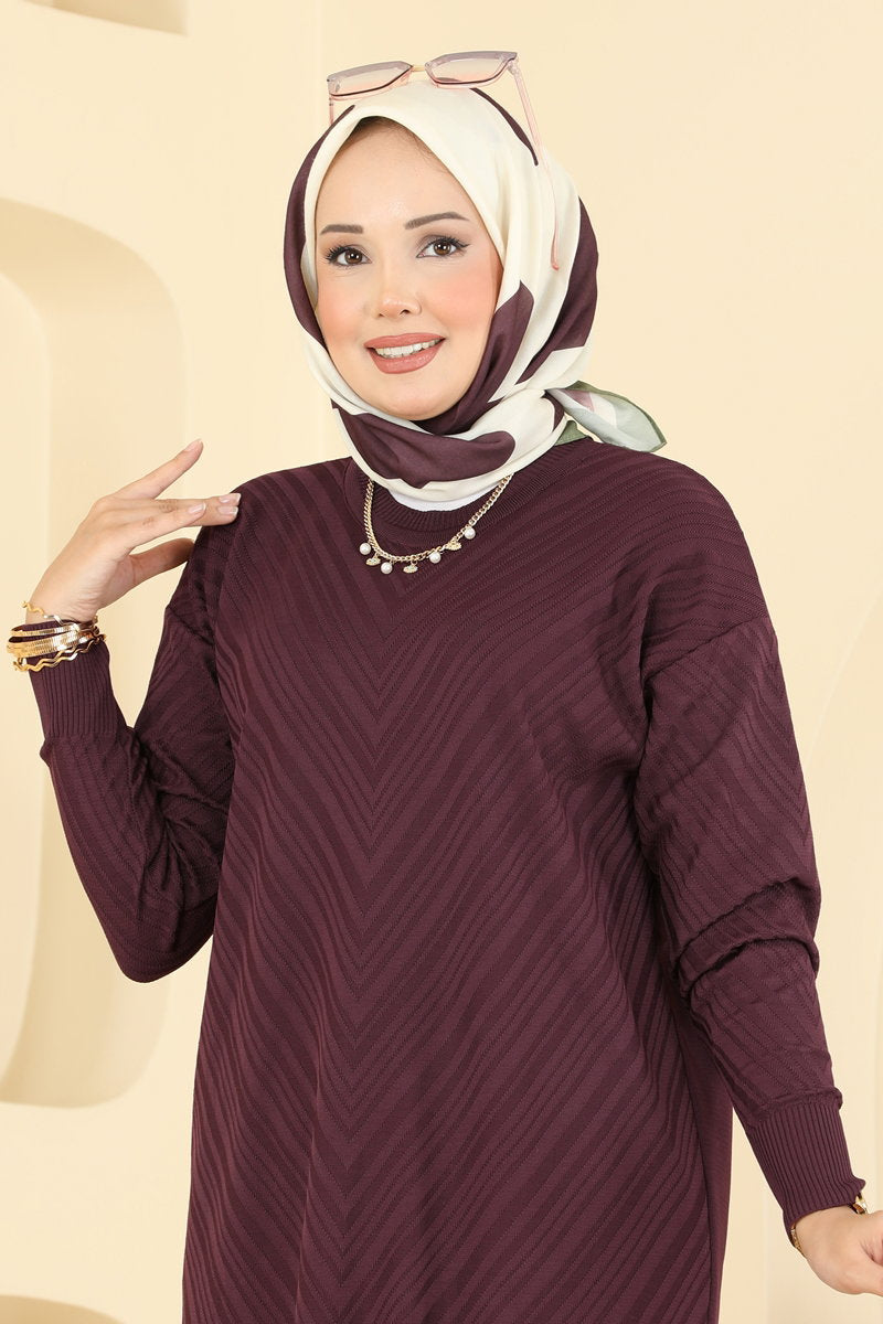 Crew-Neck Mercerised Knit Tunic - Plum