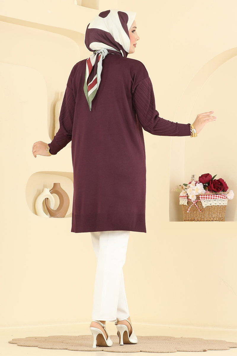 Crew-Neck Mercerised Knit Tunic - Plum