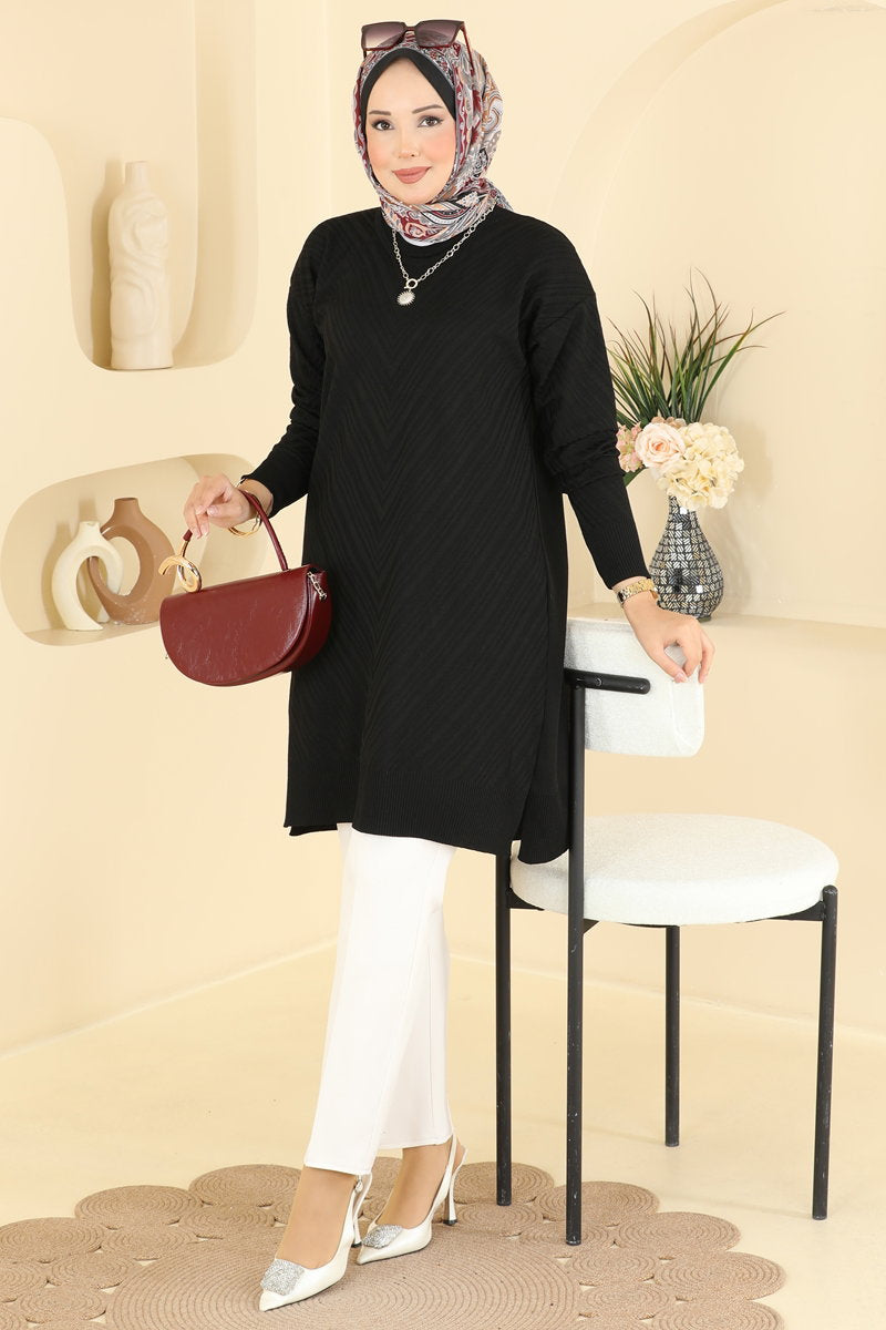 Crew-Neck Mercerised Knit Tunic - Black