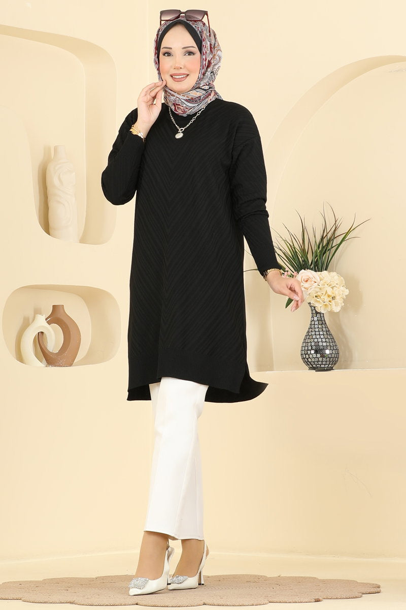 Crew-Neck Mercerised Knit Tunic - Black