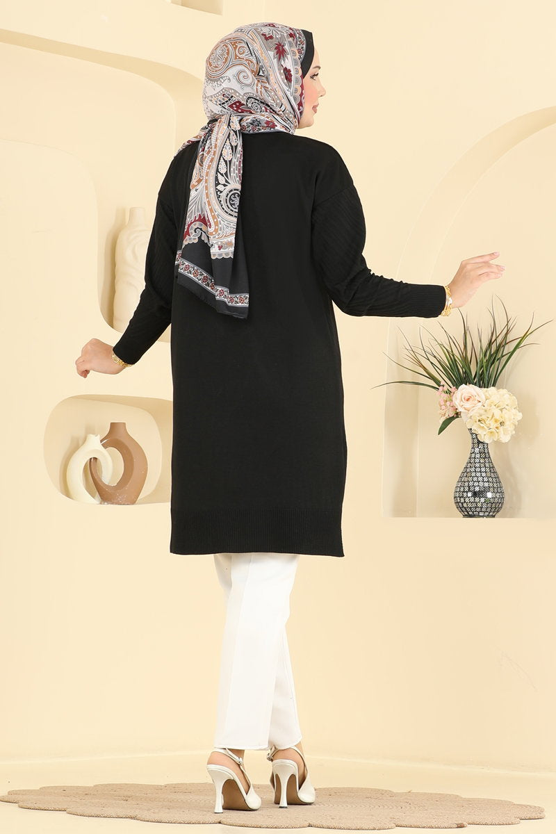 Crew-Neck Mercerised Knit Tunic - Black