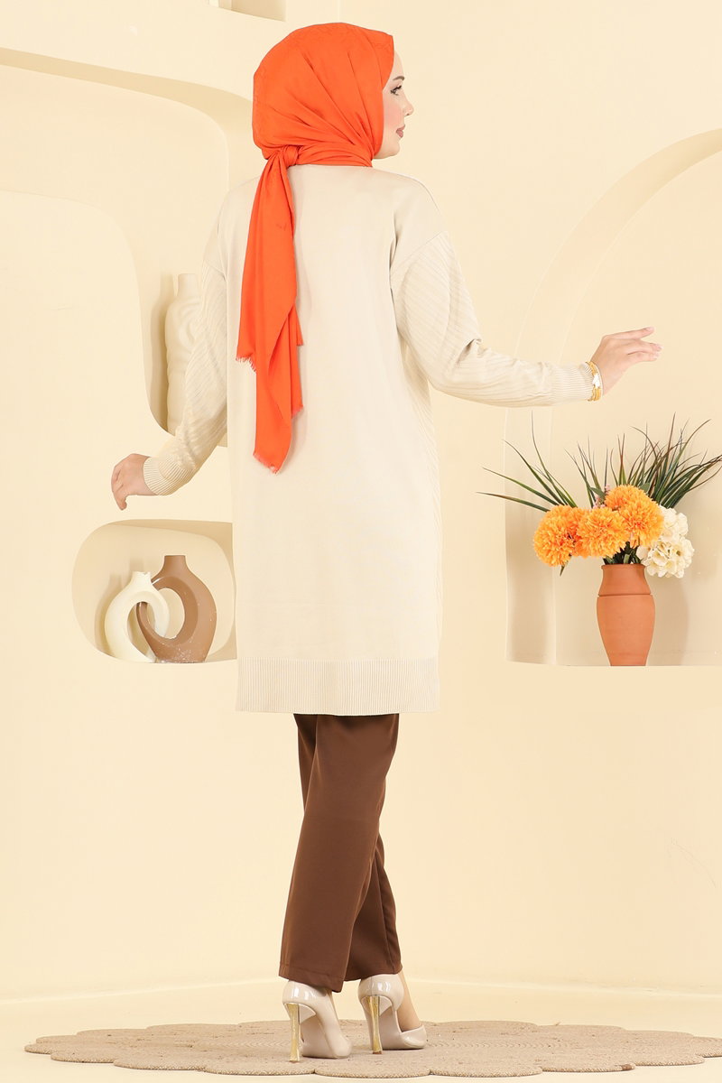 Crew-Neck Mercerised Knit Tunic - Stone