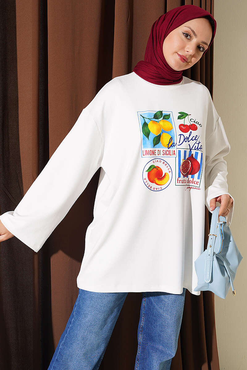Fruit Print Crew-Neck Tunic - Ecru