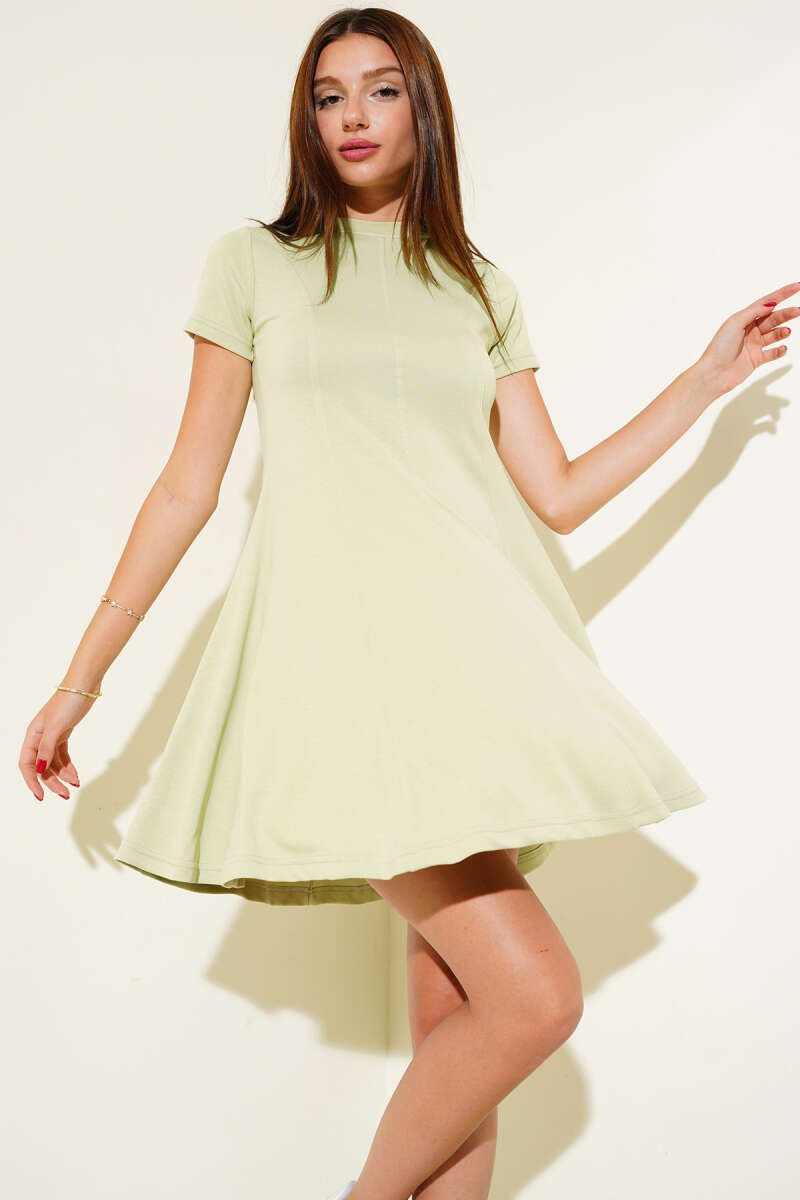 Crew-Neck Mini Dress - Almond Green