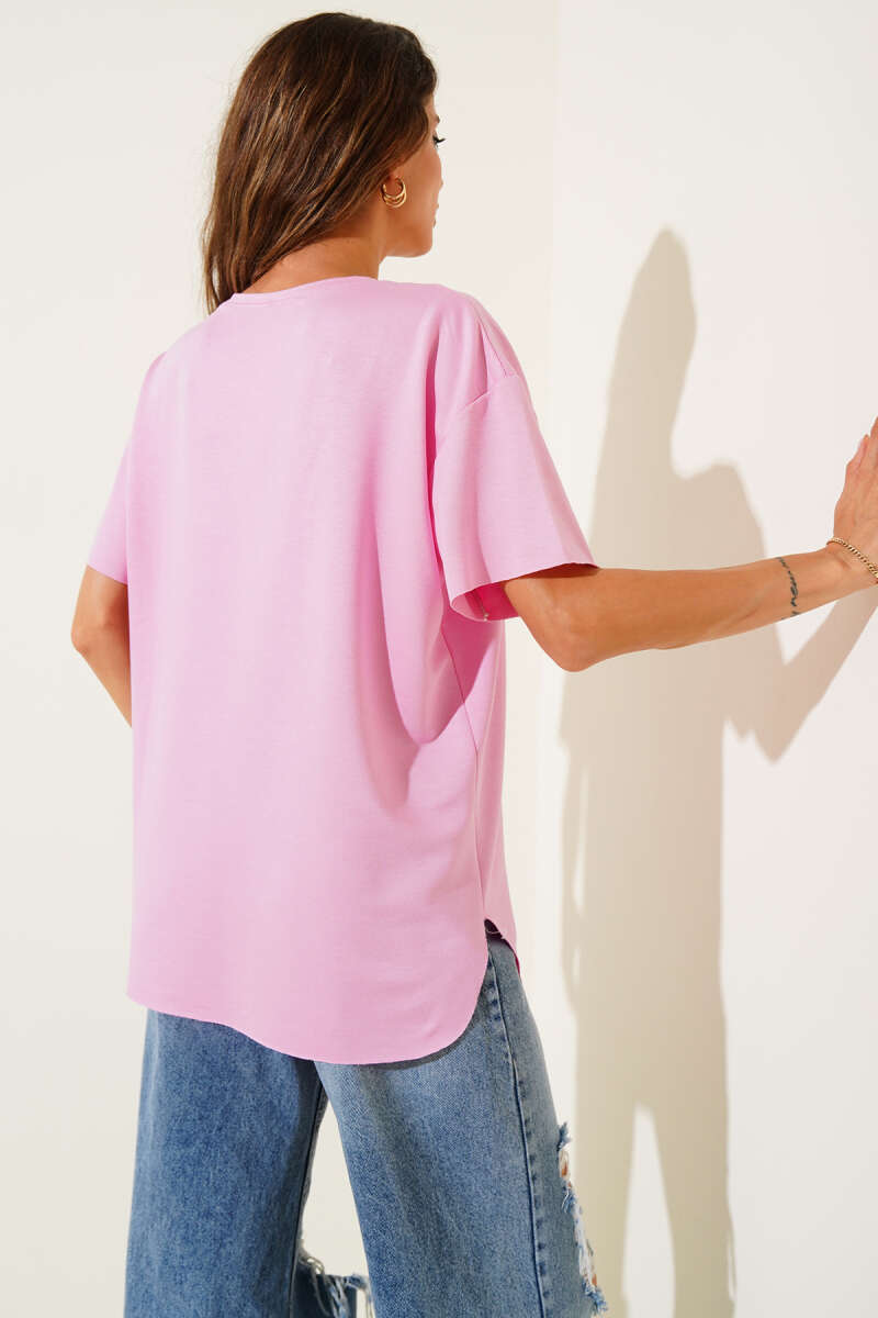 Crew-Neck Curved-Hem T-Shirt - Pink