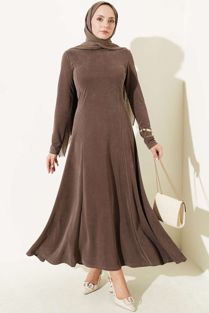 Crew-Neck Dress with Darts - Dark Brown