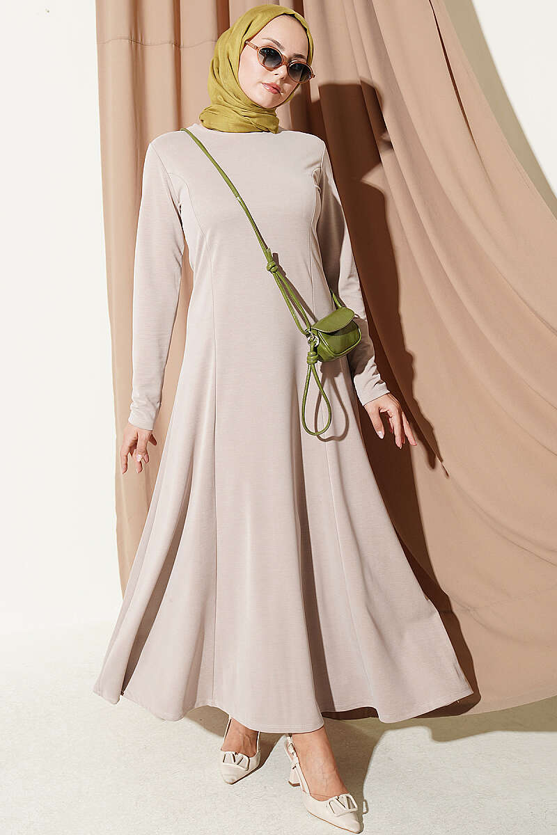 Crew-Neck Dress with Darts - Beige
