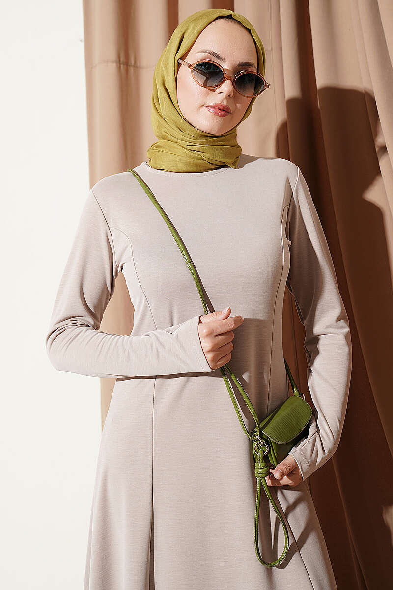 Crew-Neck Dress with Darts - Beige