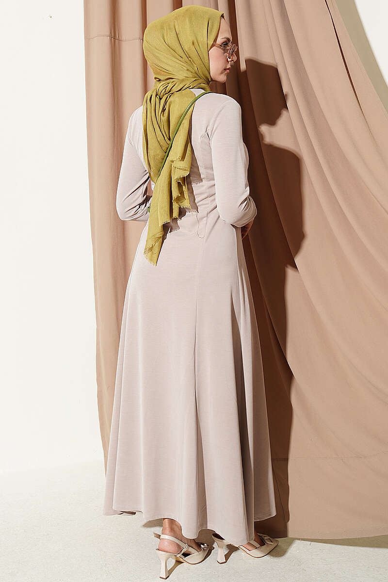 Crew-Neck Dress with Darts - Beige