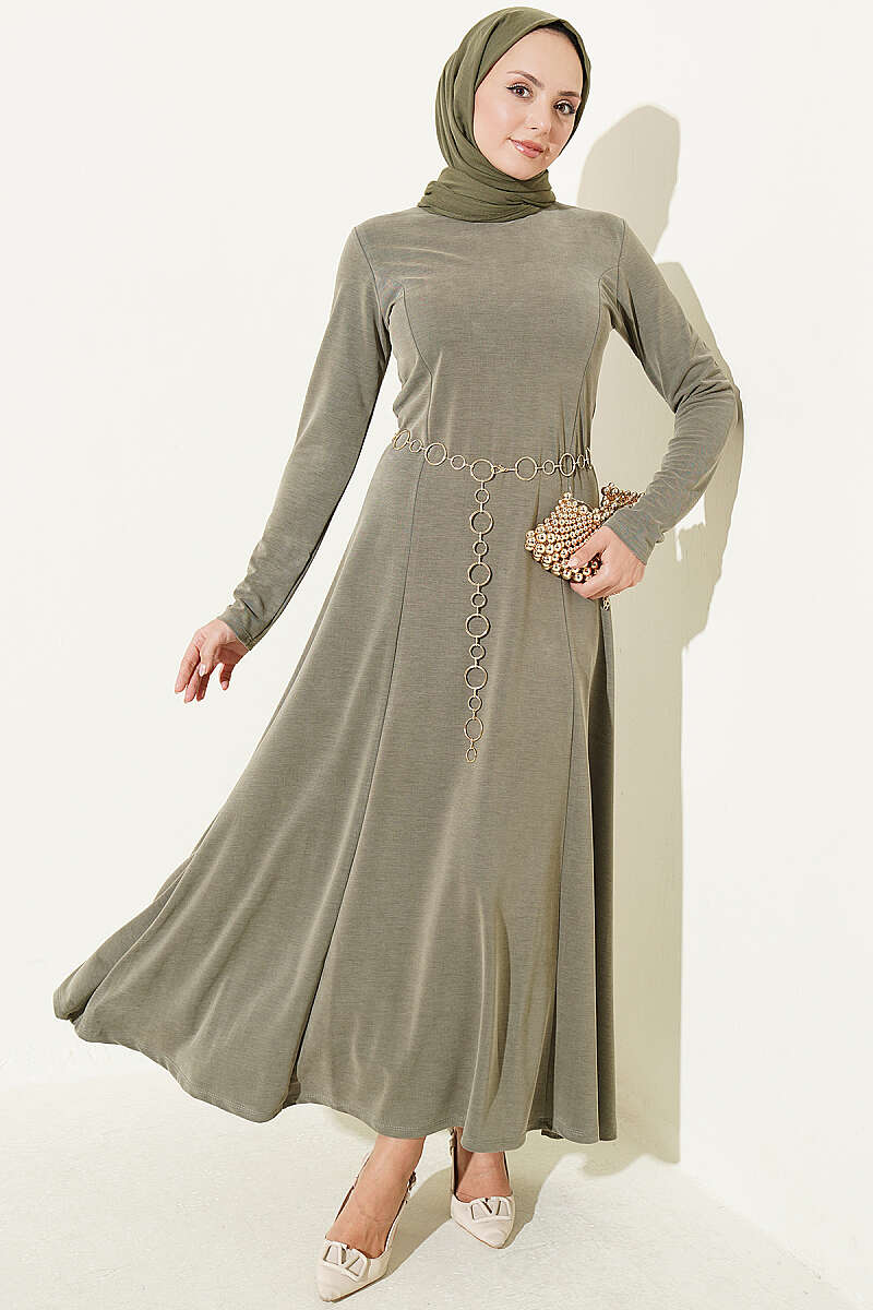 Crew-Neck Dress with Darts - Khaki