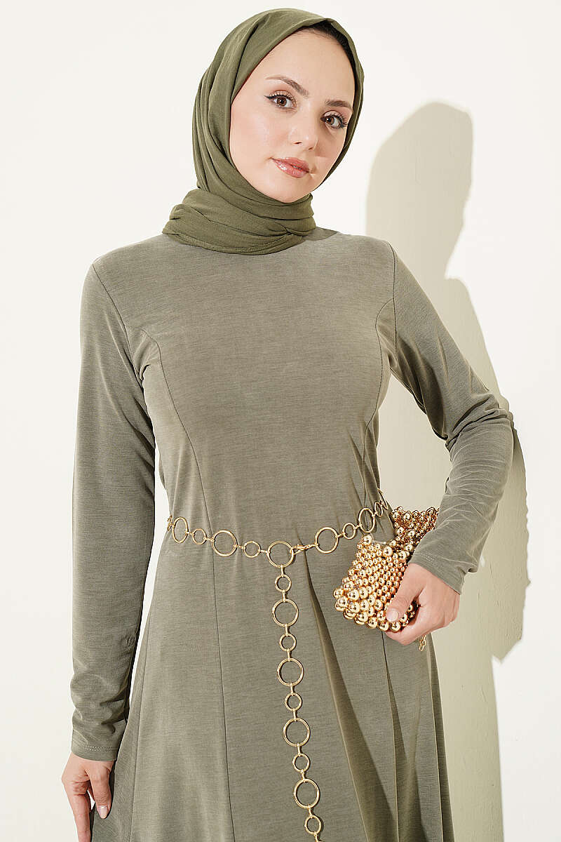 Crew-Neck Dress with Darts - Khaki
