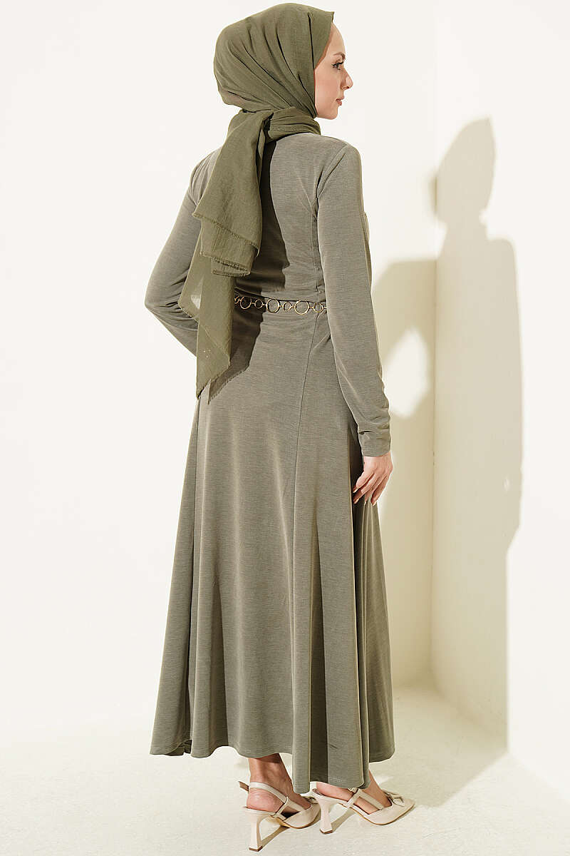 Crew-Neck Dress with Darts - Khaki