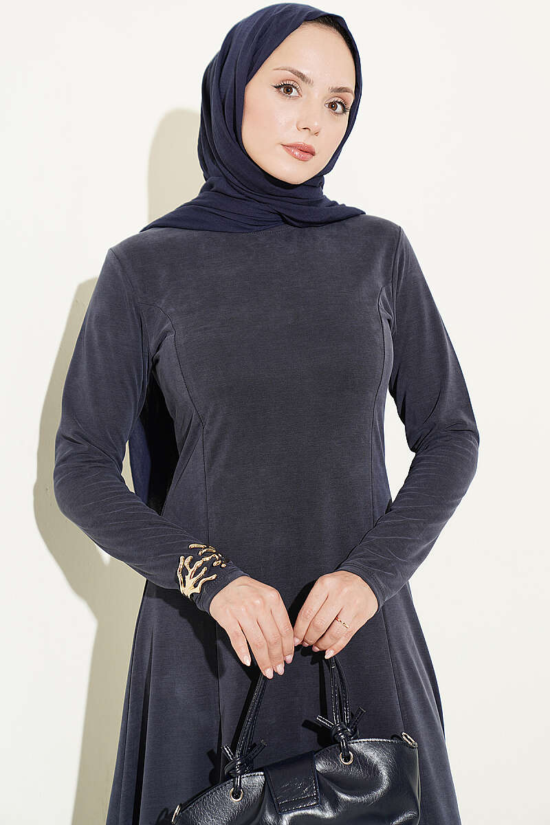 Crew-Neck Dress with Darts - Indigo