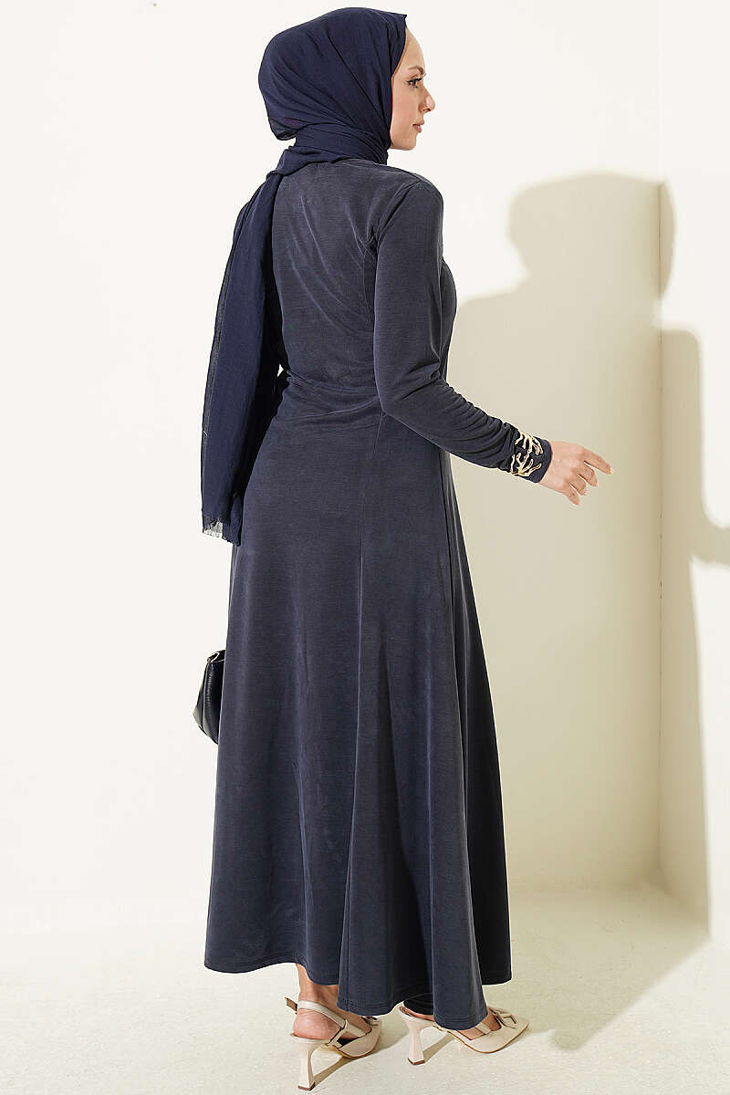 Crew-Neck Dress with Darts - Indigo