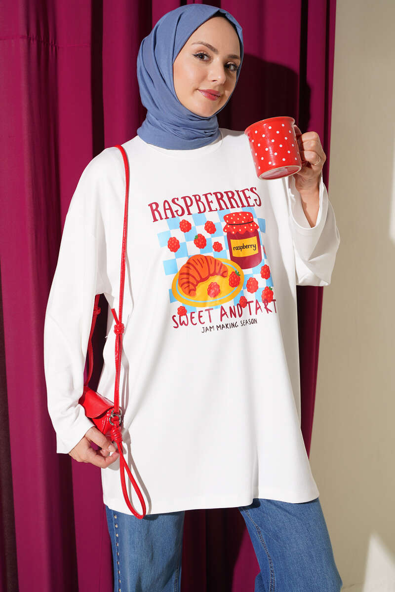 Raspberry Print Crew-Neck Tunic - Ecru