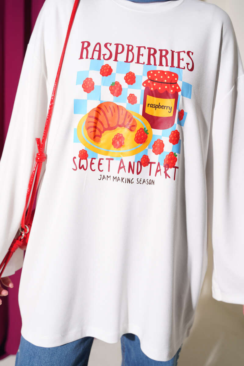 Raspberry Print Crew-Neck Tunic - Ecru