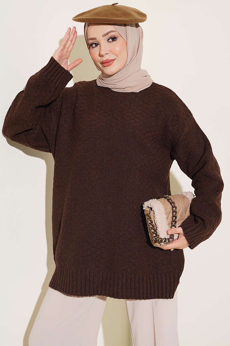 Ribbed Crew-Neck Knit Tunic - Brown