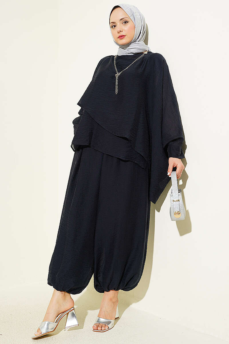 Crew-Neck Harem Pants Set - Navy