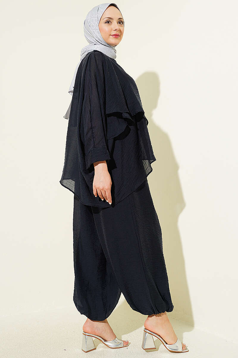 Crew-Neck Harem Pants Set - Navy