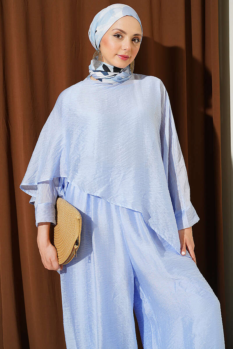 Crew-Neck Harem Pants Set - Blue
