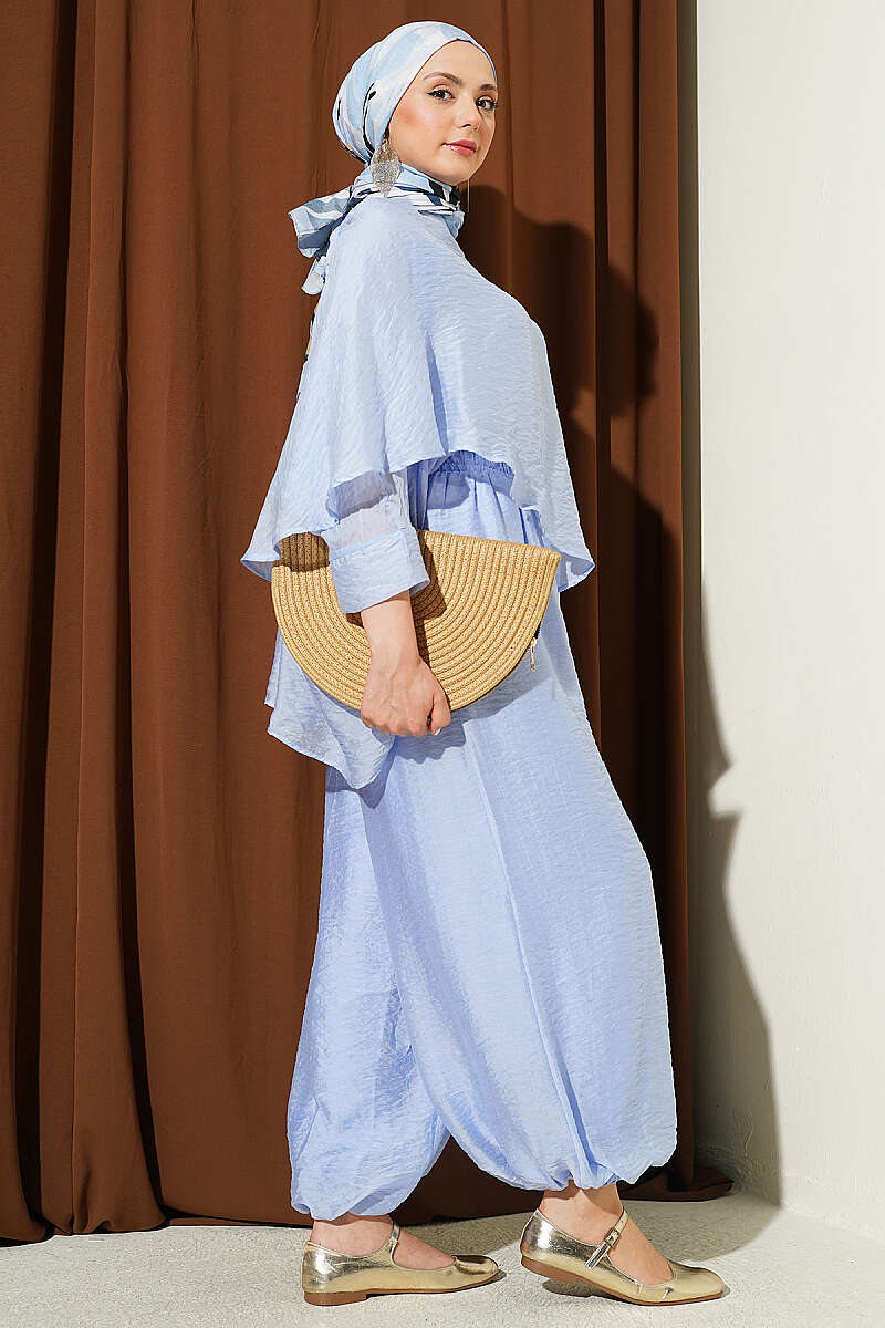 Crew-Neck Harem Pants Set - Blue