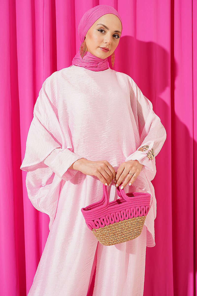 Crew-Neck Harem Pants Set - Pink