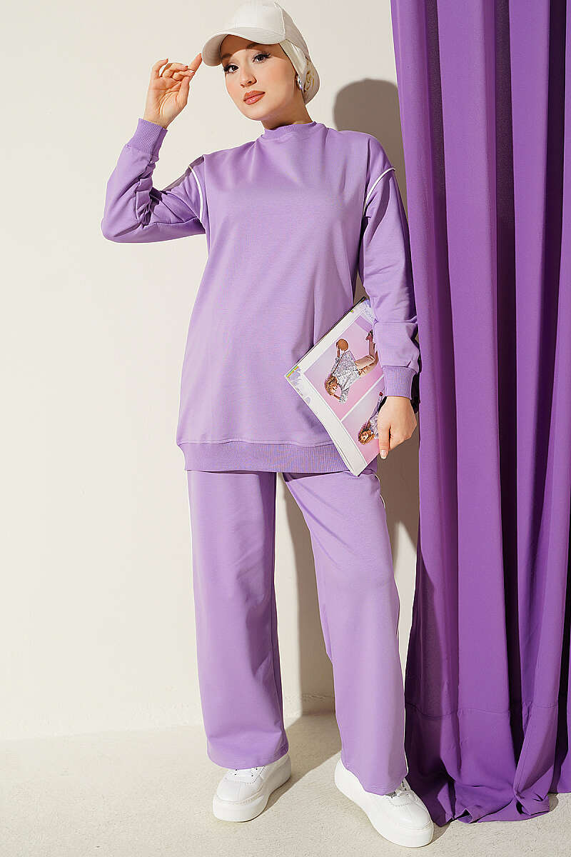 Crew-Neck Two-Piece Set with Stripe Trim - Lilac