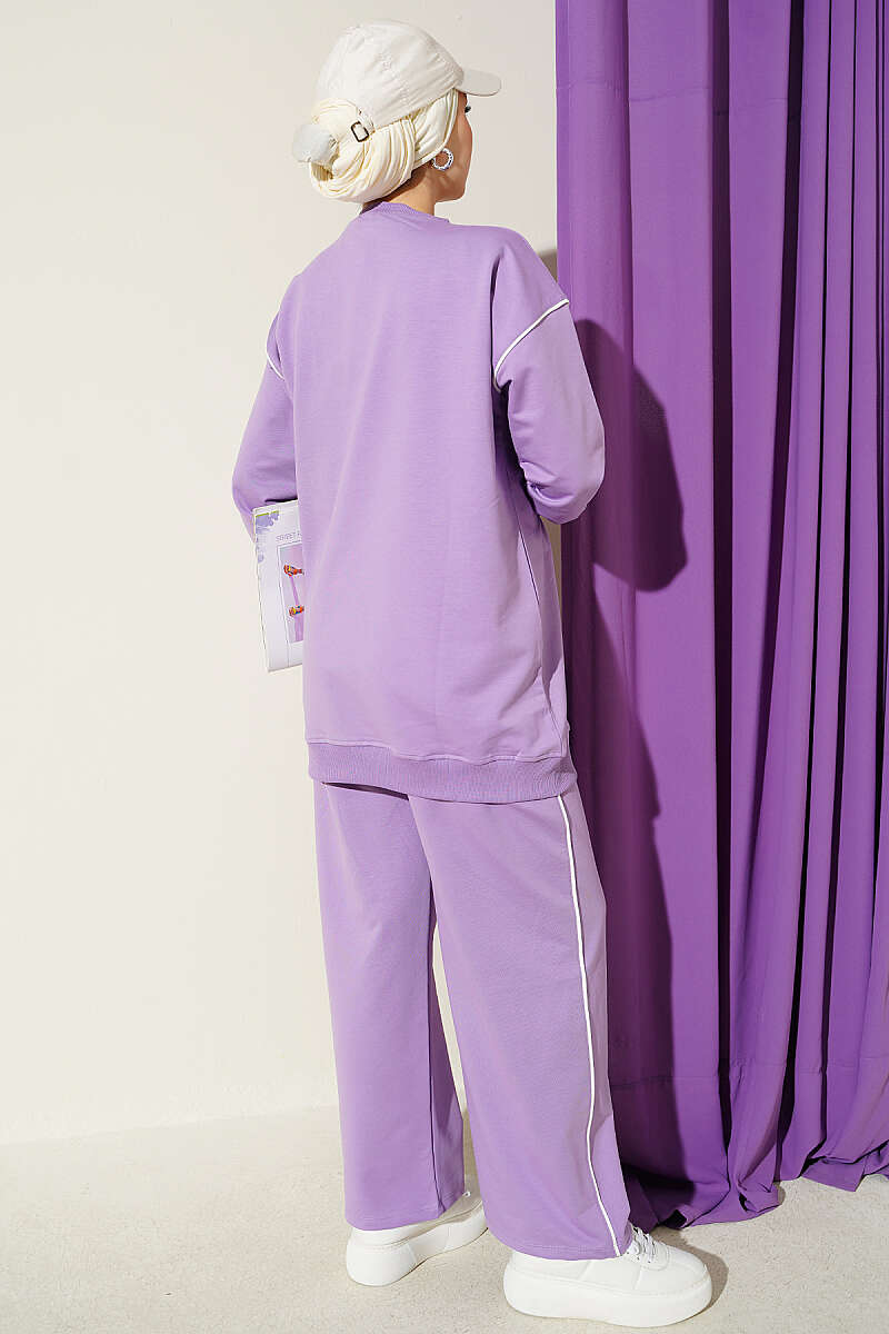 Crew-Neck Two-Piece Set with Stripe Trim - Lilac