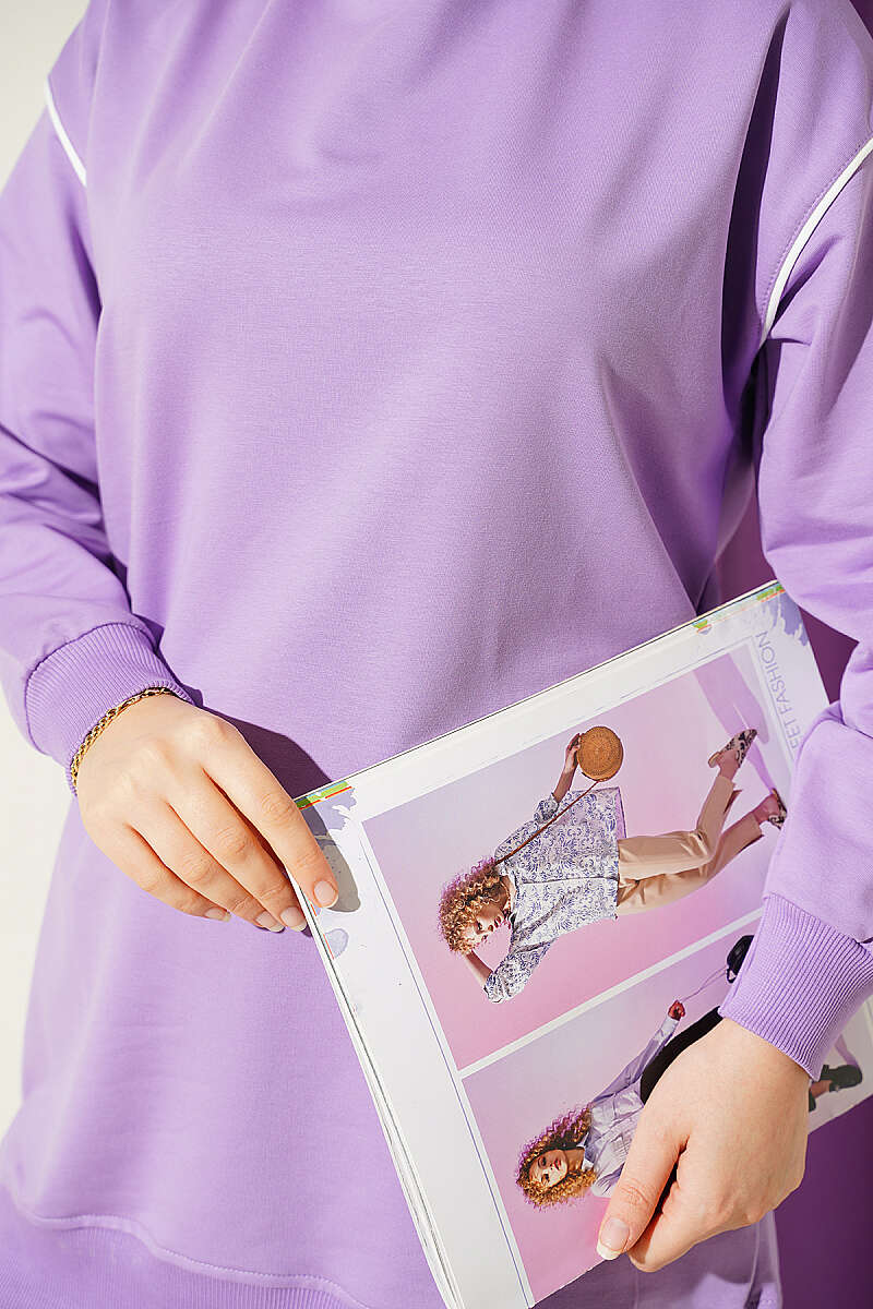 Crew-Neck Two-Piece Set with Stripe Trim - Lilac