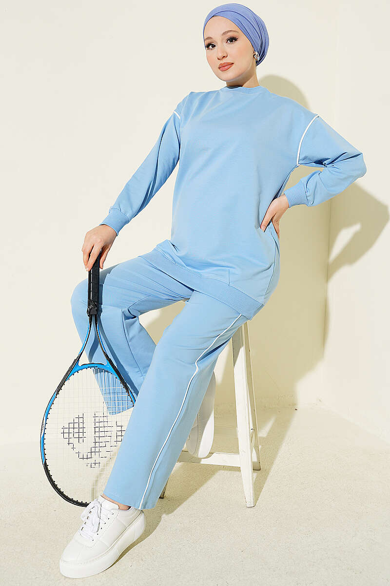 Crew-Neck Two-Piece Set with Stripe Trim - Blue