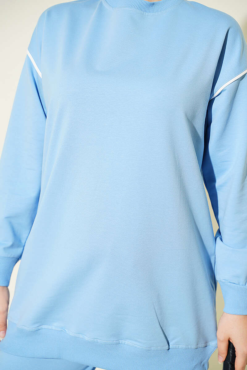 Crew-Neck Two-Piece Set with Stripe Trim - Blue