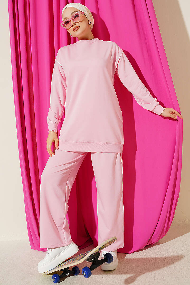 Crew-Neck Two-Piece Set with Stripe Trim - Pink